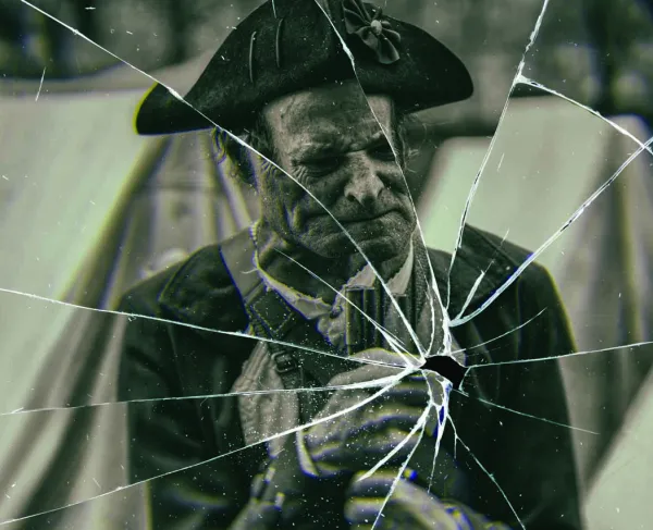 A Revolutionary War soldier reflected in a cracked mirror