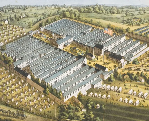 Overview sketch of Satterlee General Hospital in Philadelphia, Pennsylvania