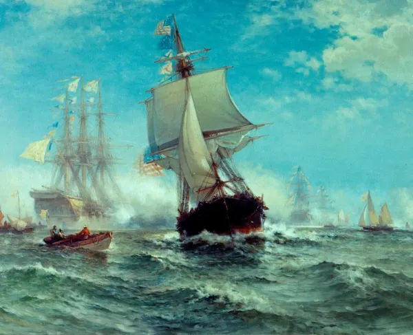 A maritime painting shows several sailing ships on choppy blue water under a bright sky, with a large central vessel and smaller boats in the foreground.