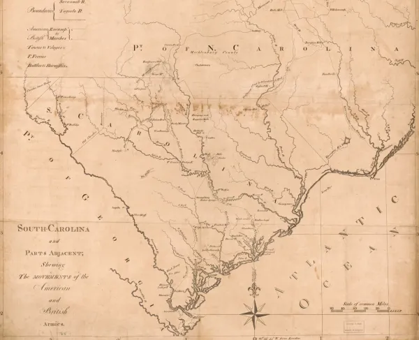 Map of the State of South Carolina showing the movement of the American and British troops during the American Revolution.