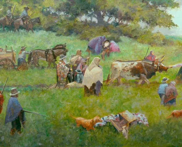 Oil on canvas painting depicting Texan civilians during the "Runaway Scrape."