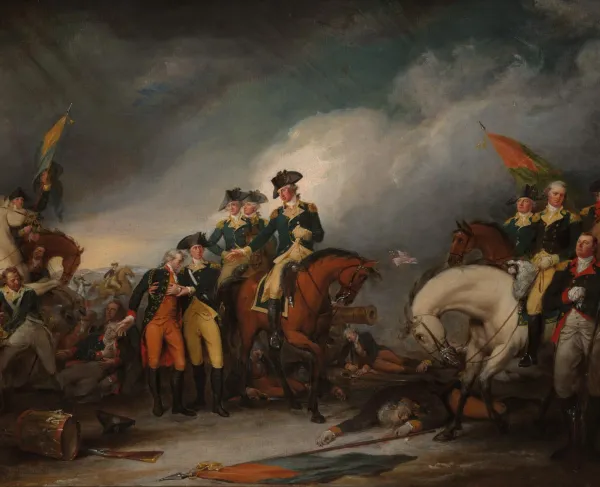 Oil painting depicting George Washington directing aid to the mortally wounded Hessian commander Johann Rall after the American victory at Trenton.