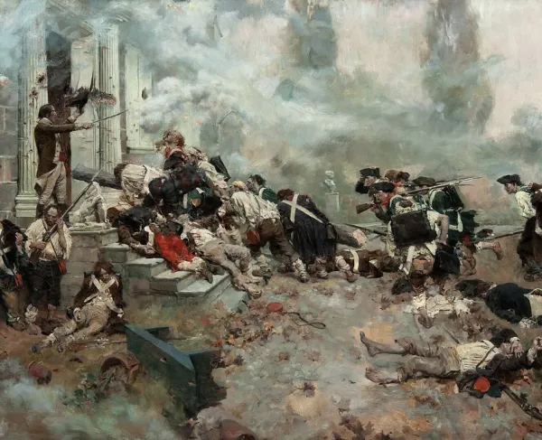 American soldiers assault the fortified Chew House during the Battle of Germantown, depicted in an oil painting by Howard Pyle.