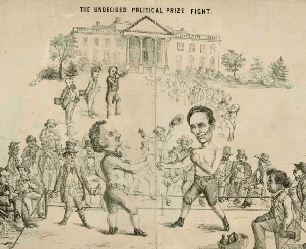 Lincoln and Stephen Douglas engage in a boxing match before the Whitehouse and onlookers.