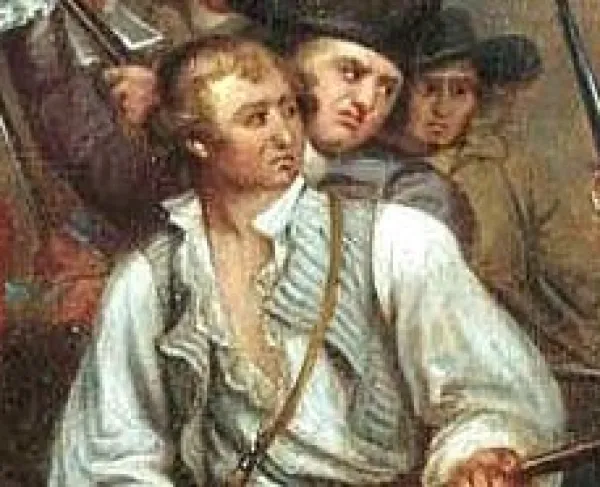 A detail of an oil painting showing a man in colonial clothing looking to his side. 