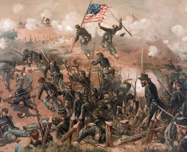 Color print depicting Union forces advancing under fire during the Siege of Vicksburg in 1863.