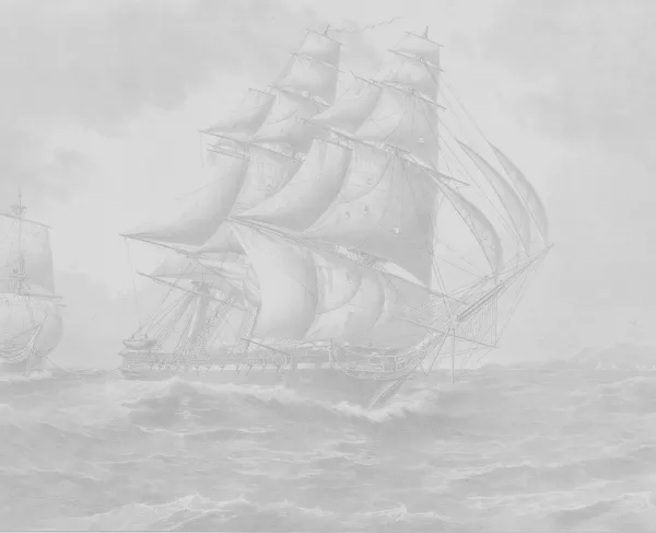 Cropped view of an engraving recolored in light greyscale tones shows the USS Constitution on the water, with another ship nearby.