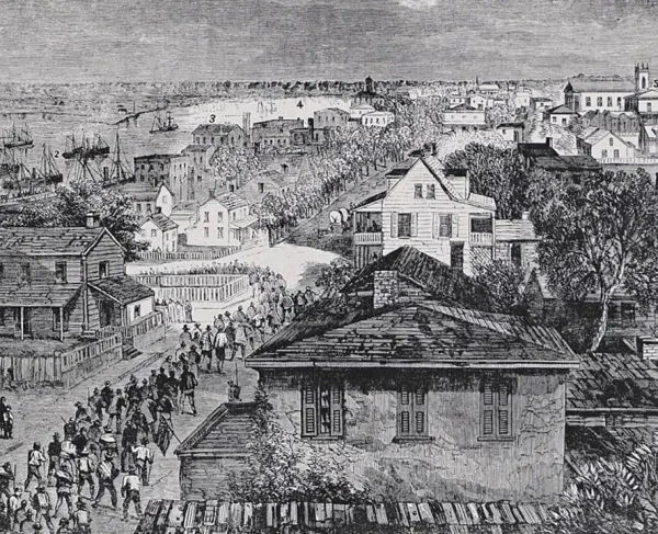 View of Front Street in Wilmington, N.C., February 1865, with St. Stephen AME Church seen in the background.