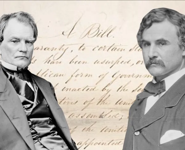 Representative Henry Winter Davis of Maryland and Senator Benjamin Wade of Ohio depicting in front of the Wade-Davis Bill