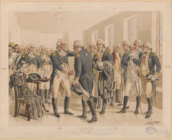 Print shows George Washington shaking hands with an officer, among other officers of the Continental Army, as he bids them farewell in 1783, at the end of the American Revolution.