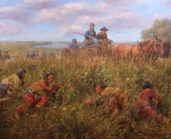 A painting depicting the surprise at Wood Lake