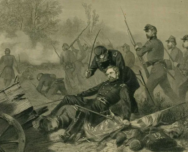 Illustration depicting the mortally wounded Union General Isaac Stevens grasping an American flag during the Battle of Chantilly, Virginia, in 1862.