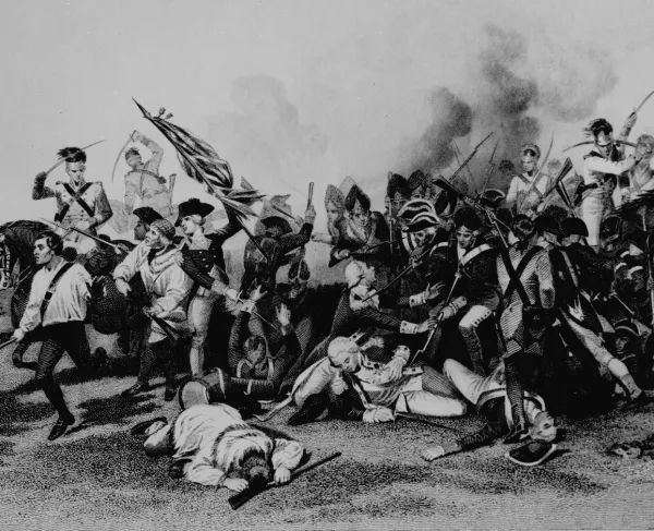 Historical engraving depicting the mortal wounding of Continental Army Maj. Gen. Johann de Kalb during the Battle of Camden, South Carolina, in August 1780.