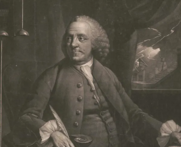 Print shows Benjamin Franklin, three-quarter length portrait, seated at desk, looking to his right at an electrical device, in his left hand are papers upon which he is taking notes, and visible through a window to his left is lightning striking a building.