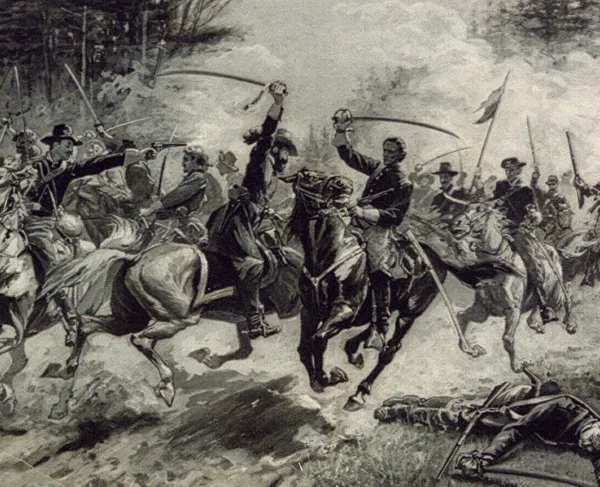 Illustration of mounted cavalrymen engaged in close combat with sabers at Beverly Ford during the Battle of Brandy Station.