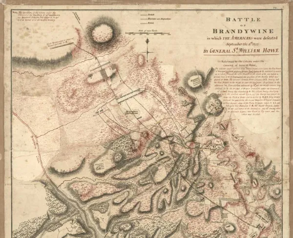 Hand-colored 1784 map of the Battle of Brandywine showing roads, waterways, terrain, troop positions and movements around Chadds Ford, Pennsylvania.