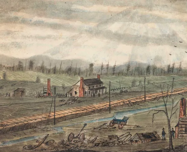 A sketch of Bristoe Station made in 1862 shows that many of the buildings had been burned to the ground during the Second Manassas Campaign.