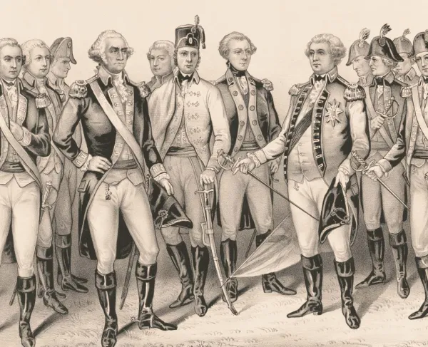 Lithograph depicting the British surrender at Yorktown, Virginia, on October 19, 1781, with American and French troops assembled for the ceremony.