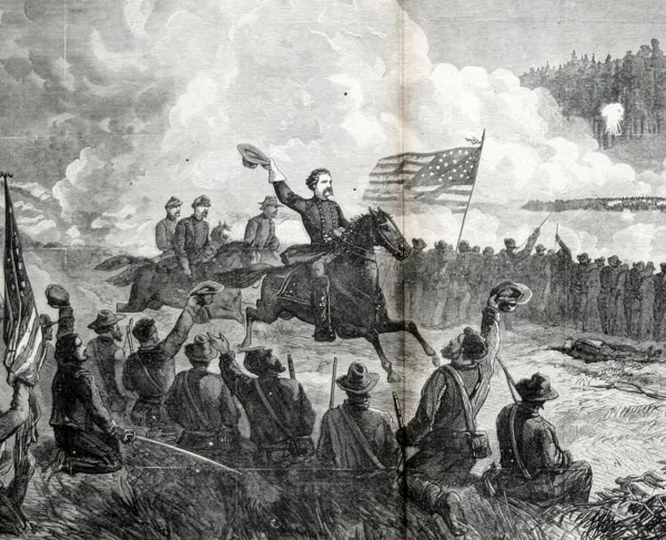 Civil War illustration by Theodore R. Davis depicting Maj. Gen. John A. Logan on horseback amid Union troops repelling a Confederate assault at the Battle of Dallas, Georgia, on May 28, 1864.