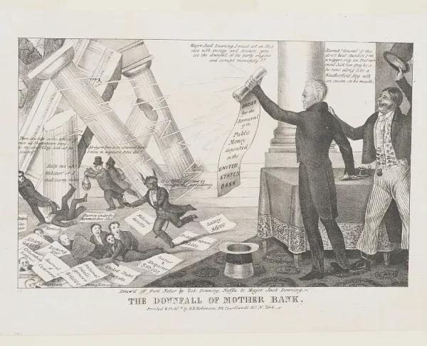 Political cartoon satirizing opponents of President Andrew Jackson’s campaign against the Second Bank of the United States, including bank president Nicholas Biddle and Jackson’s political opponents.