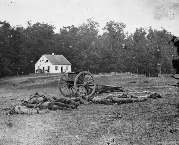 Alexander Gardner's famous photo of Confederate dead before the Dunker Church on the Antietam Battlefield