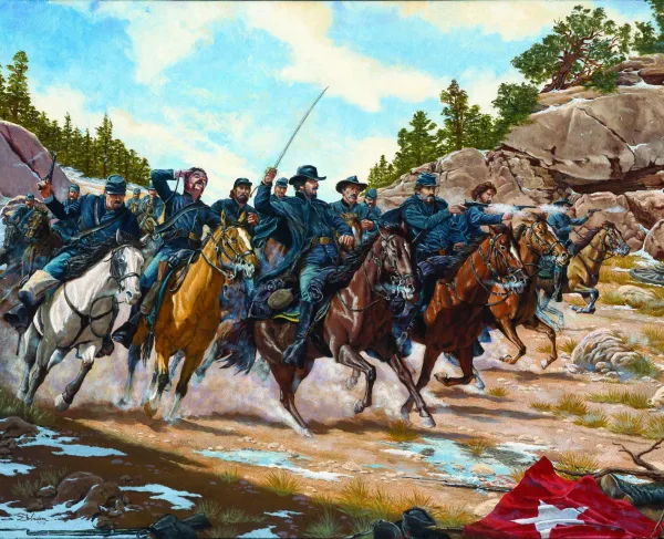 Historical painting depicting Union and Confederate forces engaged at Apache Canyon during the Battle of Glorieta Pass in New Mexico Territory.