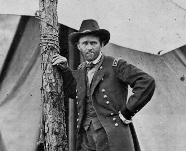 Photograph of General Ulysses S. Grant standing outside his headquarters at Cold Harbor, Virginia, during the Civil War.