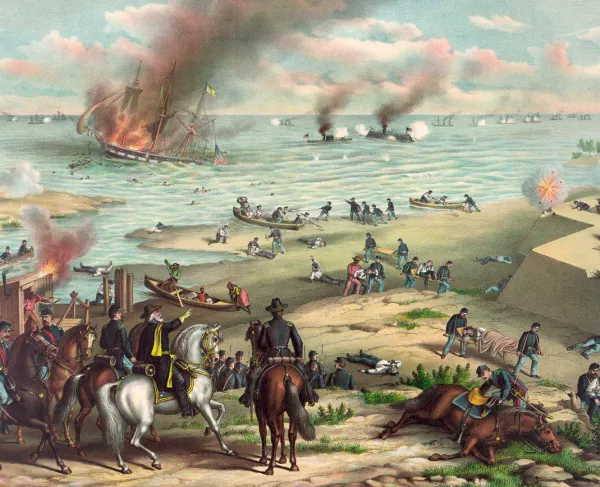 Colorful nineteenth-century chromolithograph depicting the ironclads USS Monitor and CSS Virginia