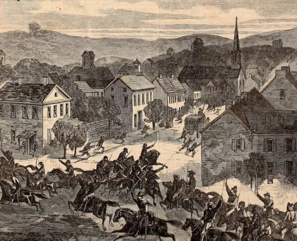 An illustration depicting the entry of Morgan's Freebooters into Washington, Ohio