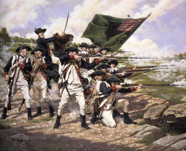 This painting depicts soldiers firing in a line at the Battle of Long Island. 
