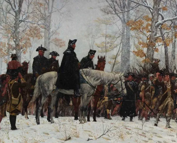 Painting of George Washington on horseback leading weary Continental Army soldiers through the snow toward Valley Forge in 1777.