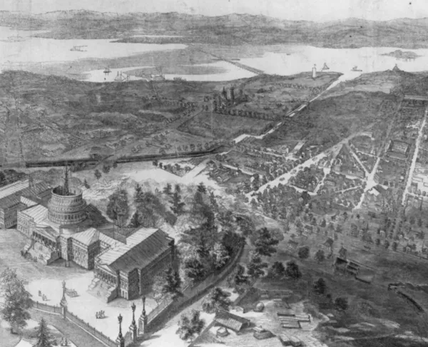 Historical illustration showing a bird's-eye view of Washington, D.C., as seen from a balloon during the early months of the Civil War.