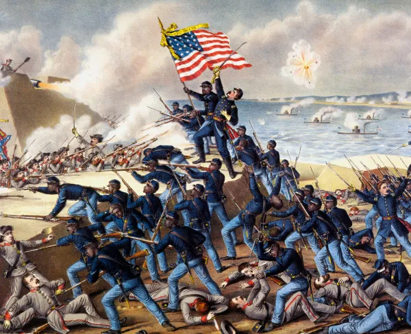 Color lithograph depicting Union soldiers of the 54th Massachusetts Infantry storming the Confederate defenses of Fort Wagner, South Carolina, during the Civil War.