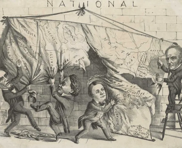 1860 political cartoon showing presidential candidates Abraham Lincoln, Stephen A. Douglas and John C. Breckinridge tearing apart a map of the United States while John Bell attempts to repair it.