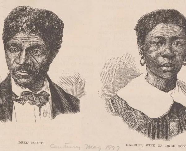 Wood engraving featuring side-by-side bust portraits of Dred Scott and his wife, Harriet Scott.