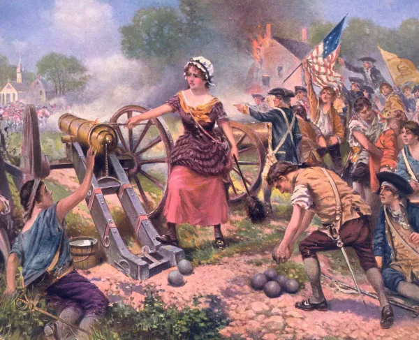 A painting depicting a woman in stylized colonial dress standing behind a cannon. She is surrounded by men, one of which kneels at a stack of cannon balls at her feet. Men rally under an American flag in the distance. 