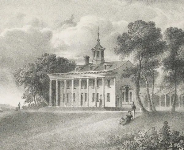 1832 lithograph showing George Washington’s Mount Vernon estate overlooking the Potomac River in Virginia.