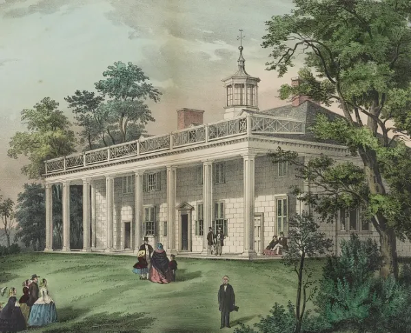 Hand-colored lithograph showing George Washington’s Mount Vernon estate overlooking the Potomac River in Virginia.