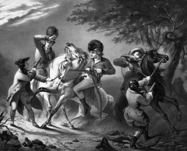 Two women disguised as Patriots threaten three British soldiers on horseback.