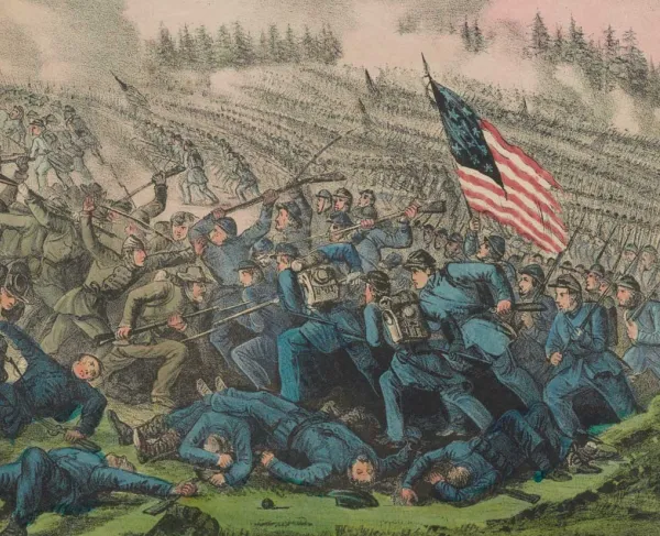 Hand-colored lithograph depicting Union and Confederate forces fighting during the Battle of Petersburg, Virginia, on April 2, 1865. Soldiers advance across the battlefield amid rifle and artillery fire as Union forces break through the Confederate defenses.