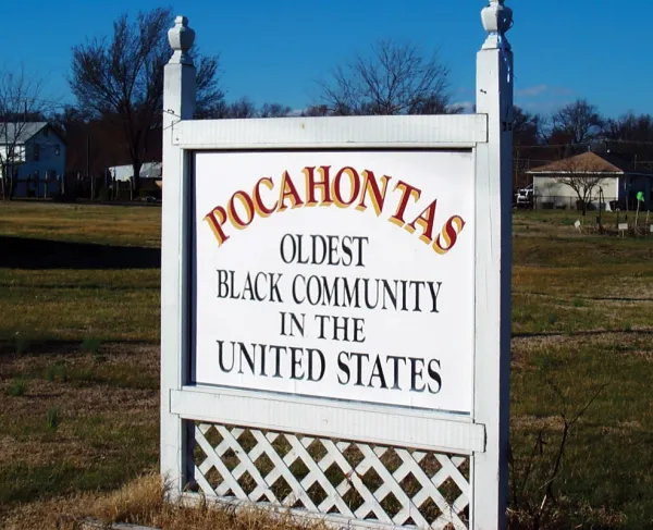 Pocahontas Island Historic District sign reading "Pocahontas - Oldest Black Community in the United States."