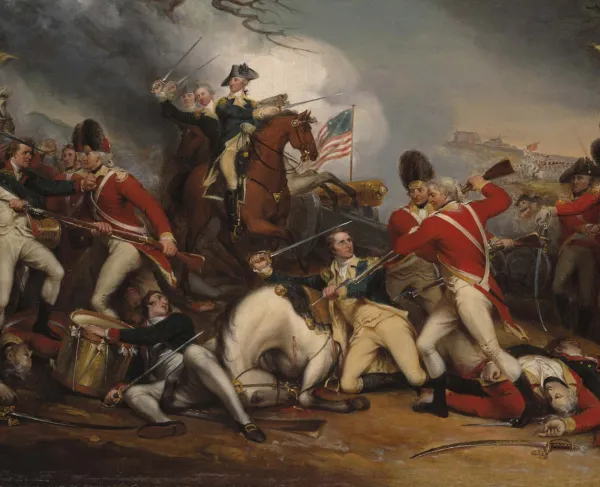 A painting illustrating British grenadiers bayoneting Gen. Hugh Mercer.