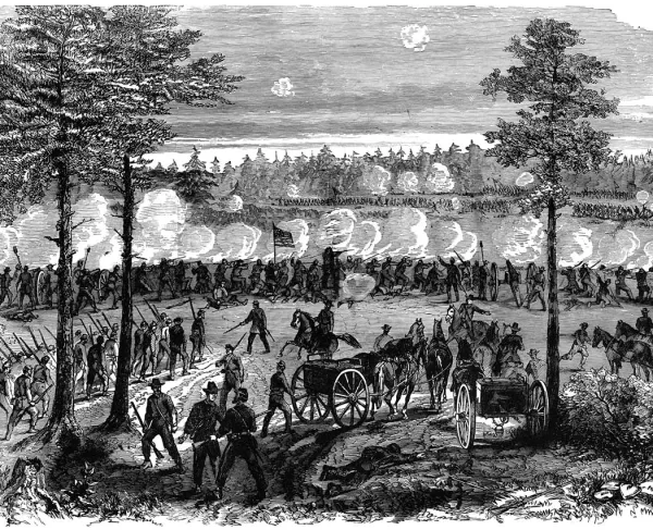 Civil War illustration depicting Union and Confederate soldiers fighting at the Battle of Ream’s Station near Petersburg, Virginia, on August 25, 1864. Soldiers exchange rifle and artillery fire around earthwork defenses during the Confederate assault on Union positions along the Weldon Railroad.