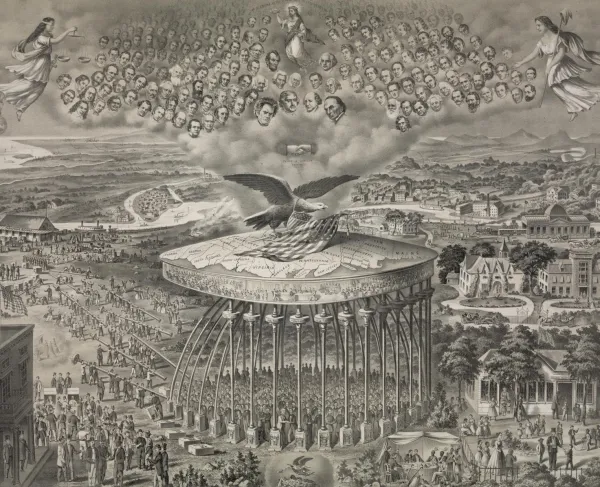 Allegorical Reconstruction-era lithograph featuring an American eagle, historical figures gathered in clouds and a symbolic representation of the reunited nation.