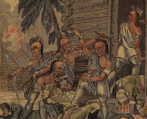 Hand-colored engraving depicting Native warriors attacking wounded American prisoners after the Battle of the River Raisin during the War of 1812.