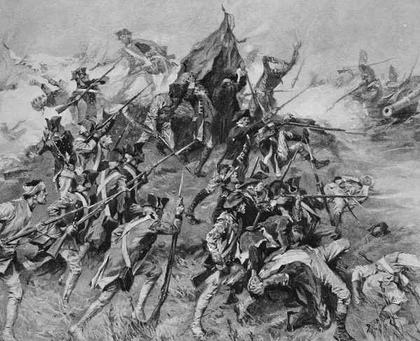 Historical illustration depicting American and French forces attacking British fortifications during the Battle of Savannah in 1779.
