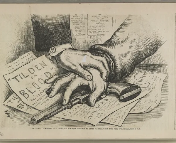  The political cartoon addresses the disputed presidential election of 1876 and the political confrontation surrounding the determination of its outcome.