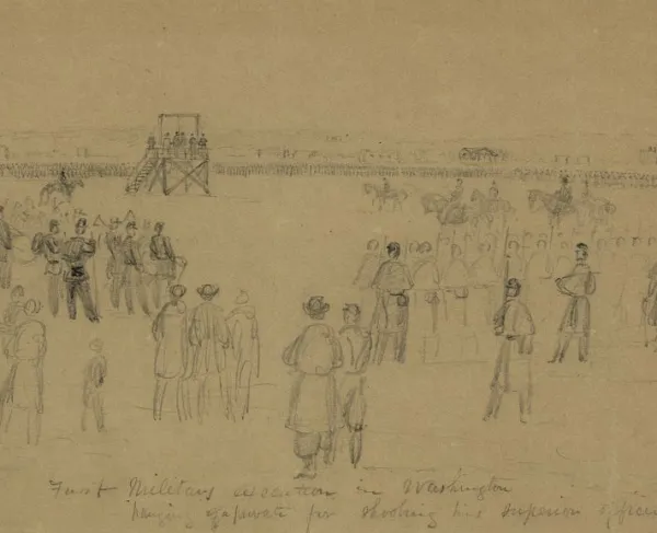 Alfred R. Waud drawing depicting Union soldiers assembled in formation around a gallows for the military execution of a private in January 1862.