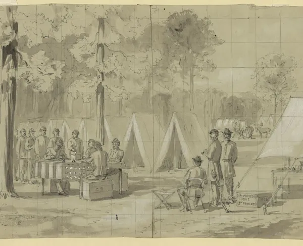 Drawing by William Waud depicting Pennsylvania soldiers gathered at a military camp to cast ballots during the 1864 presidential election.