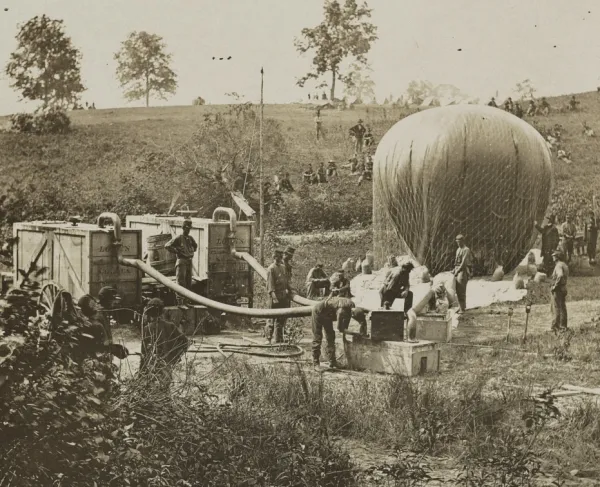 Civil War photograph showing Union soldiers inflating the military observation balloon Intrepid near Gaines Mill, Virginia, in June 1862.